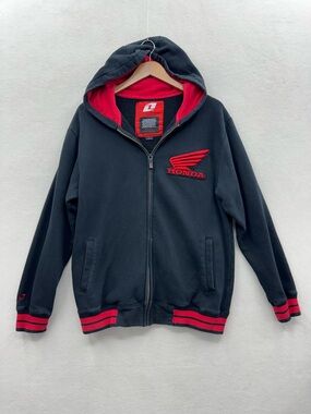 Honda Racing Men’s Medium Full Zip Black Red Hoodie Double Sided Y2K